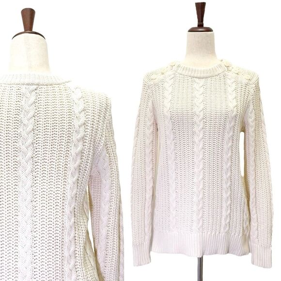LL Bean Ivory Cable Knit Sweater Button Shoulder Fisherman Pullover Size Medium - Picture 14 of 15